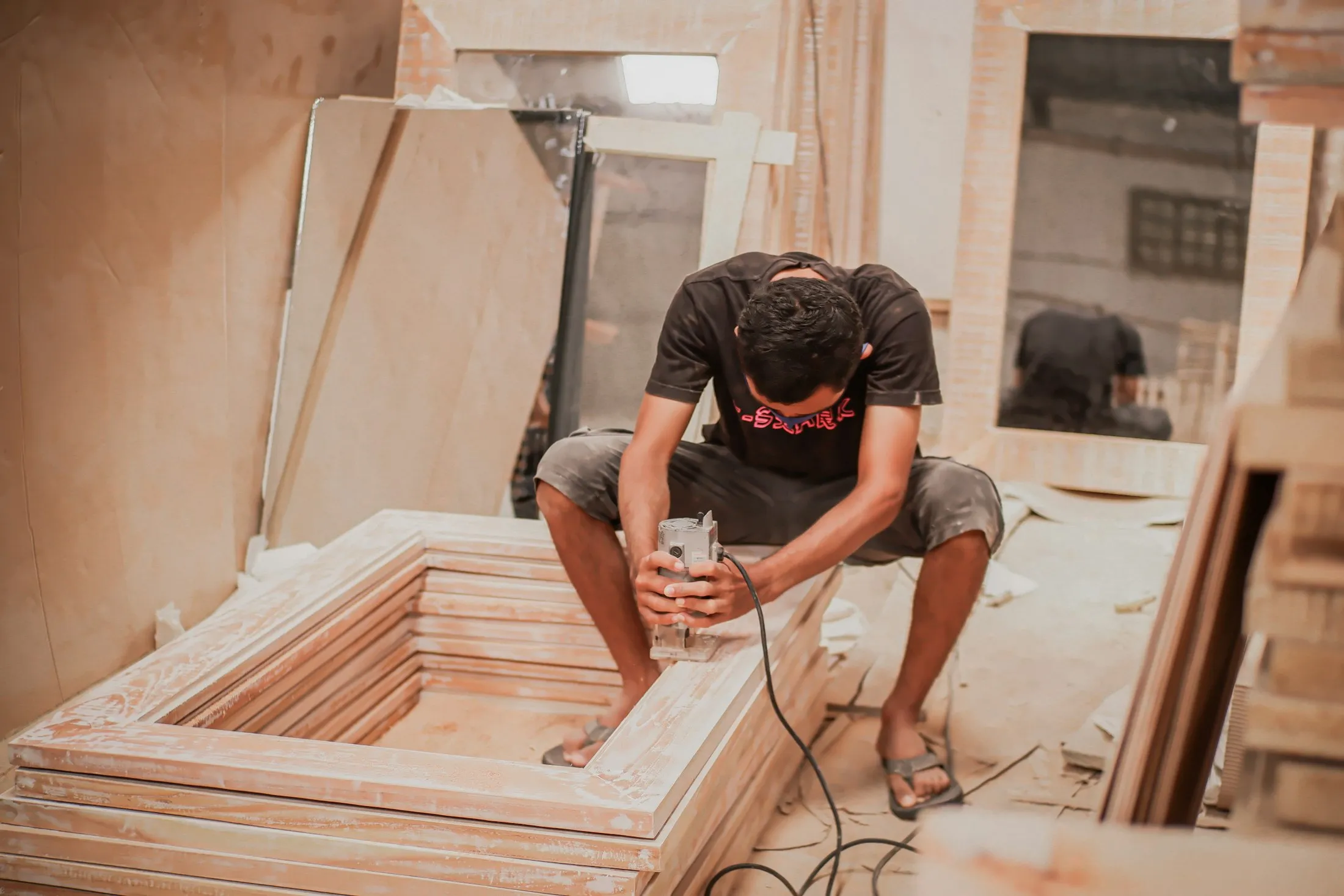 Perajin merakit rangka kayu furnitur